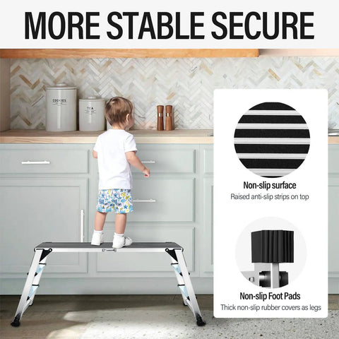 Boss Level Heavy Duty Aluminum Work Platform Folding Step Ladder With Non Slip Surface And Safety Lock Built To Last For Washing Cars Cleaning And Painting 45 Inch By 12 Inch By 27 Inch, child standing on ladder with non-slip surface