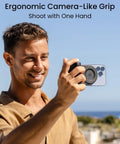 Man using Magnetic Phone Stand Camera Grip With Wireless Charging And Bluetooth Shutter For iPhone, ergonomic grip outdoors.