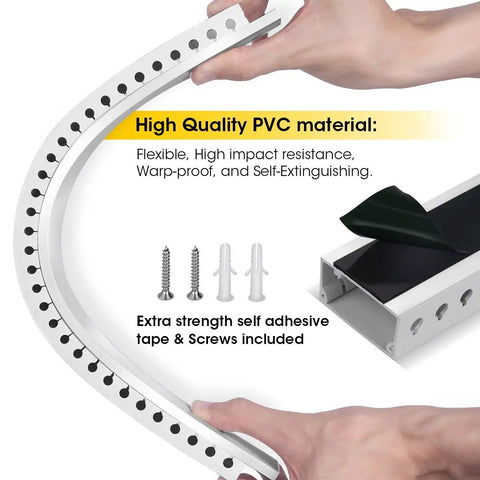 Hands holding flexible No Sweat Easy Peel And Stick Cable Management Kit Open Slot Raceway Duct with adhesive tape and screws included.