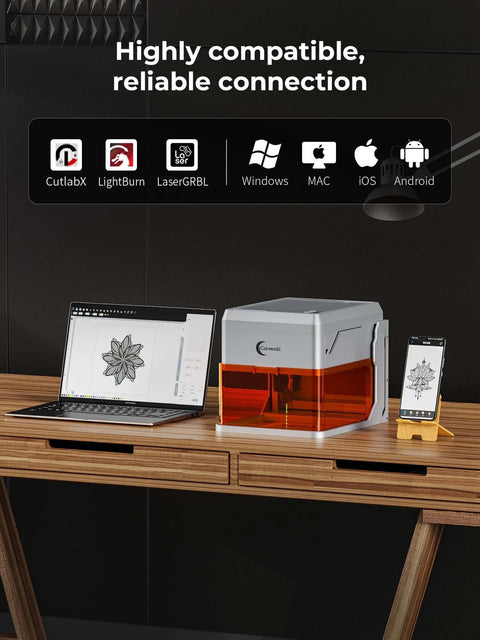 Carverall A1 Pro 10W mini laser engraver with camera, white and orange desktop engraving machine on a desk