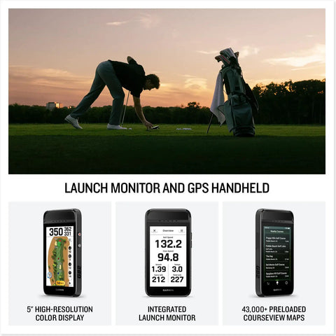 Golf course scene with Portable Golf Launch Monitor with 5 inch color touchscreen GPS handheld and radar metrics display