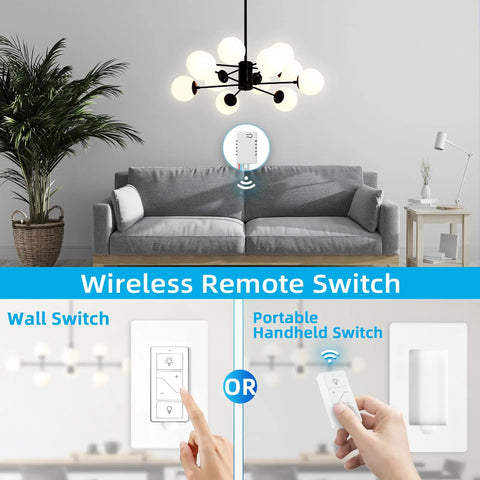 Wireless Dimmer Switch Kit With Remote Receiver For Alexa Voice Control shown with living room setup and handheld remote