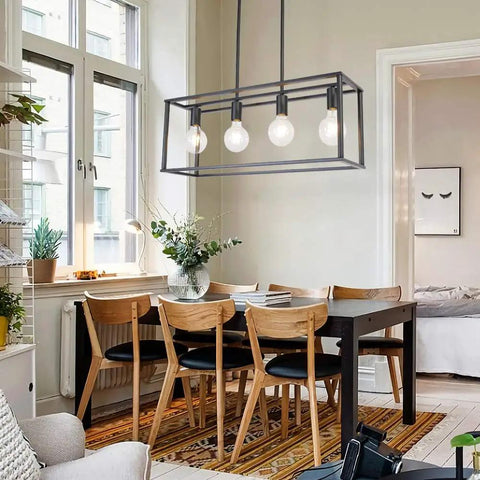 4 Light Industrial Open Frame Rectangle Pendant Lighting For Kitchen Island And Dining Room In Dope Black Finish With Adjustable Stems And Cage Design Perfect For Farmhouse Cafe Bar And Restaurant Ambiance above dining table