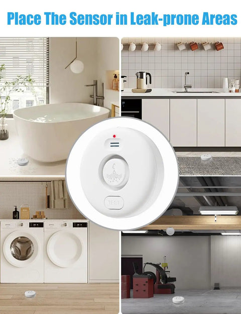 Five Pack Water Leak Alarm Detectors With 120dB Loud Alarm IP66 Waterproof Ultra Sensitive Probes Detect Drips And Mist Four Bottom Sensors And Two Top Probes For Quick Alerts And Realistic Protection in kitchen, bathroom, laundry, and garage