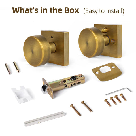 Vintage Style Brass Finish Square Door Knob With Privacy Lock, installation kit for Bedroom and Bathroom