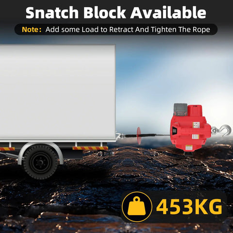 1000 Lb Portable Battery Powered Winch With 40Ft Synthetic Rope And Remote Control Compatible With Milwaukee 18V Batteries Over 4Ah For Heavy Duty Lifting Tasks And Towing Jobs In Red Color No Battery Included, shown in front of trailer with load.