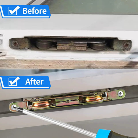 Before and after installation of Heavy-Duty Sliding Door Rollers Set With 1-1/4 Inch Steel Ball Bearing Wheels on patio door frame.