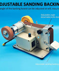 Compact Mini Belt Sander With Polishing Wheel And Automatic Tensioning For Desktop Use featuring adjustable sanding backing.
