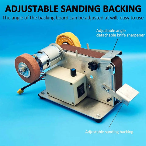 Compact Mini Belt Sander With Polishing Wheel And Automatic Tensioning For Desktop Use featuring adjustable sanding backing.