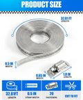Cut To Fit Stainless Steel Hose Clamp Kit That Is DIY Friendly With A 32.81 Foot Roll Of 304 Band And 20 Reinforced Fasteners shown with measurements