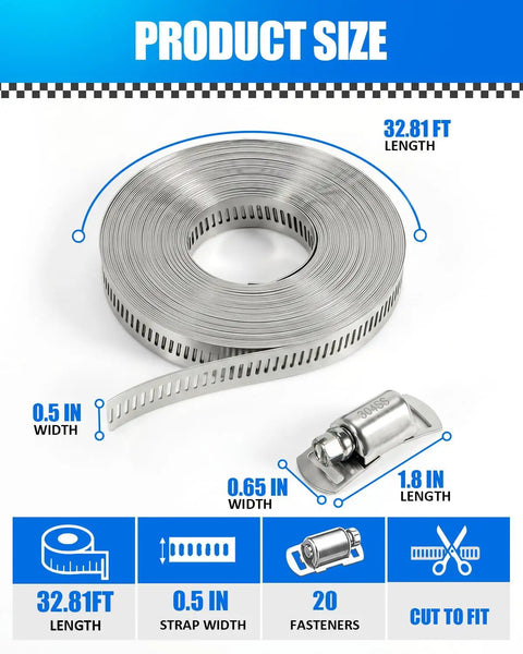 Cut To Fit Stainless Steel Hose Clamp Kit That Is DIY Friendly With A 32.81 Foot Roll Of 304 Band And 20 Reinforced Fasteners shown with measurements