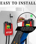 Emergency Stop Safety Switch With Large Red Stop Paddle For Hands Free Operation on a workshop table with installation tools.