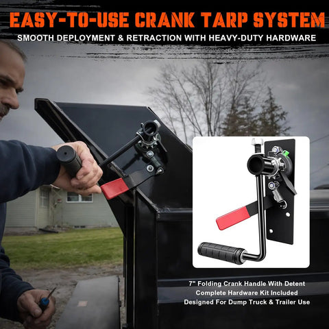 Dump Truck And Trailer Tarp Kit With Rear Anti-Sail Bow, Aluminum Roller, 5ft By 14ft PVC Mesh, Easy Install Tarp System For Dump Trailers, Heavy Duty Weatherproof Covering That Keeps Loads Secure, crank handle installed