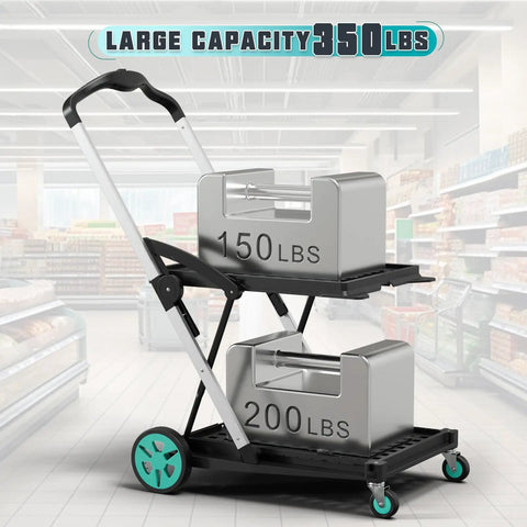 Heavy Duty Foldable Grocery Cart with 2 Storage Crates, 350 Lb Capacity in a supermarket setting with weights