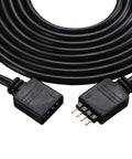 Close-up of Six Piece 4 Pin RGB Extension Cable Set For LED Strip Lights Plug And Play With Twelve Male Pin Connectors, black cable