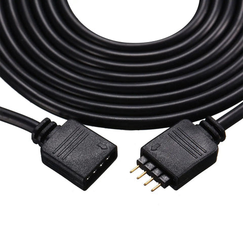 Close-up of Six Piece 4 Pin RGB Extension Cable Set For LED Strip Lights Plug And Play With Twelve Male Pin Connectors, black cable