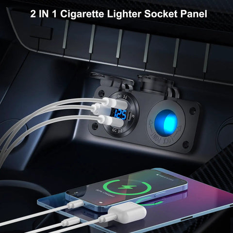 Heavy Duty Two In One Aluminum Panel With Four Usb Ports Paired With A Lighted 150 Watt Cig Socket And Built In Voltmeter Dual PD30 And Dual QC30 Fast Charge Board No Sweat Setup For Rv Boat, showcasing USB ports and voltmeter.