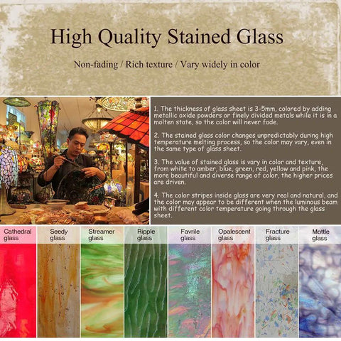 Collage of high-quality stained glass types and craftsman in workshop, showcasing variety of colors and textures.