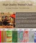 High quality stained glass with descriptions and examples in various colors and textures, including cathedral and seedy glass.