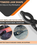 Heavy Duty 12 Inch Mandrel Jaw Tongs For Metal Shaping And Bending shown gripping a hot steel bar and securing a rod.