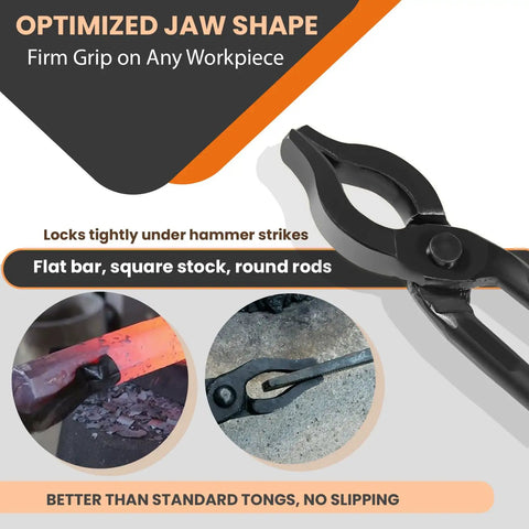 Heavy Duty 12 Inch Mandrel Jaw Tongs For Metal Shaping And Bending shown gripping a hot steel bar and securing a rod.