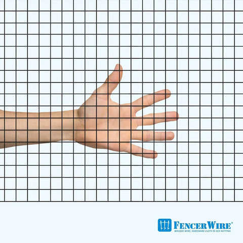 Hand reaching through Top Shelf Vinyl Coated Hardware Cloth 16 Gauge Galvanized Steel With Half Inch Black Square Mesh.