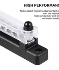 Heavy Duty Marine Ground Bus Bar With Clear Cover Dead Simple Hookups For Boat And RV 12V DC Power Distribution Block close-up of nickel-plated bus bar