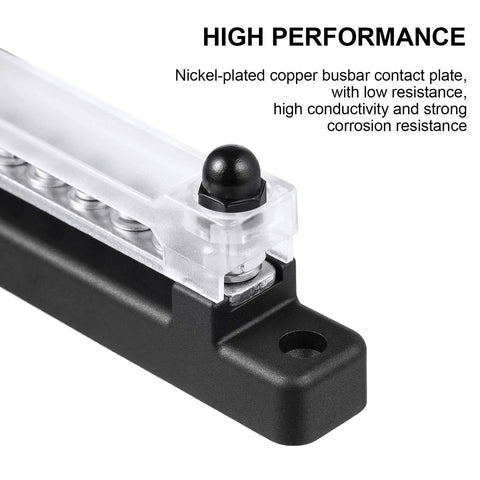 Heavy Duty Marine Ground Bus Bar With Clear Cover Dead Simple Hookups For Boat And RV 12V DC Power Distribution Block close-up of nickel-plated bus bar