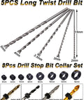 5PCS long twist drill bits with measurements, 8PCS drill stop bit collar set; part of 39 pack woodworking chamfer drilling tool kit.