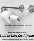 Heavy Duty Bathroom Grab Bar With Toilet Paper Holder, 250Lb Support, 16 Inch Stud Mount, Matte Black Stainless Steel