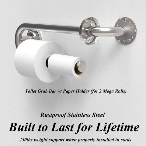 Heavy Duty Bathroom Grab Bar With Toilet Paper Holder, 250Lb Support, 16 Inch Stud Mount, Matte Black Stainless Steel