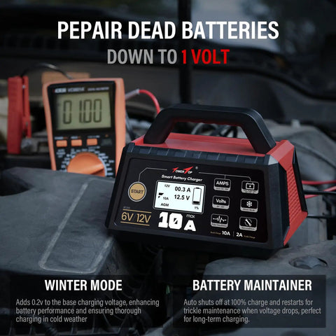 Beefy 10A Car Battery Charger With 6V 12V Power, Auto Repair, Desulfator, Maintainer, Winter Mode, Built For AGM LiFePO4 And Other Deep Cycle Batteries, Boat Ready, Three Settings 2A 10A Auto For Fast Charge