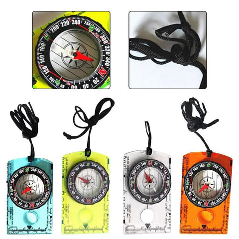 Orienteering Baseplate Compass With 360 Degree Bezel And Magnifier For Hiking Camping Scouting And Survival Navigation Gear Built For The Great Outdoors In Transparent Blue Orange Or Green, displayed in four color variations with lanyard detail.