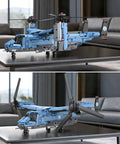 V22 Osprey Military Helicopter Building Blocks Set With 1486 Pieces for Display on a table, showcasing rotors and blue design.