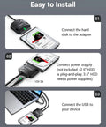 Installation steps for SATA To USB 3.0 External Drive Adapter Cable For 3.5 And 2.5 Inch SSD HDD with 12V power adapter and laptop.