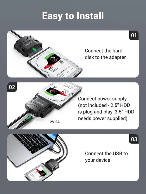 Installation steps for SATA To USB 3.0 External Drive Adapter Cable For 3.5 And 2.5 Inch SSD HDD with 12V power adapter and laptop.