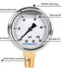 Close-up of UHARBOUR fuel pressure gauge 2 inch with stainless steel case, 0-100 psi range, metal pointer, and solid brass connector.