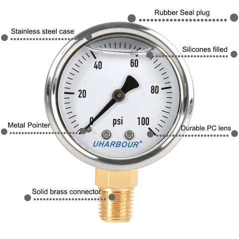 Close-up of UHARBOUR fuel pressure gauge 2 inch with stainless steel case, 0-100 psi range, metal pointer, and solid brass connector.