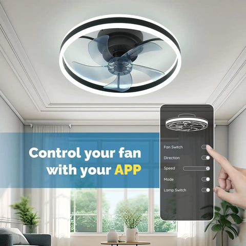 Low Profile Bladeless Ceiling Fan With Light, 19.7 Inch Flush Mount, modern black fan controlled by remote app in living room.