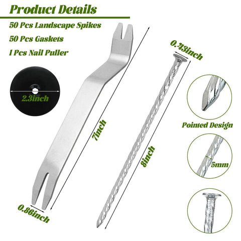 Pro Grade 50 Pack Landscape Fabric Stakes With Gaskets, 8 Inch Galvanized Spiral Turf Nails, nail puller, and 2.3 inch gasket