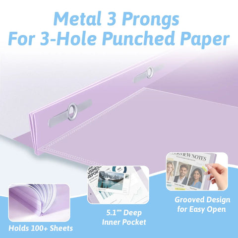Five Pack Clear Front Report Covers With 3 Prong Fasteners For 8.5 By 11 Letter Paper, purple cover with metal prongs