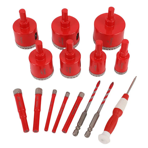 Mingzhe Brazed Hole Saw Kit For Ceramic And Glass. Durable Dry Wet Drill Bits With High Speed Rotation. 12pc red set with sizes 6mm to 50mm