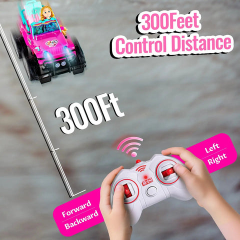 Hands holding controller with pink RC car for dolls in play, showcasing 300ft range and controls. Kid Friendly Remote Control Car With Doll Seat Fits Two 5.5 Inch Dolls 2.4GHz RC Toy For Girls Easy Peasy Operation Pink Ride On Style Great First RC Car Requires 6 AA Batteries Not Included