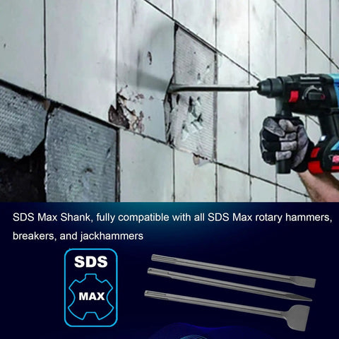16 Inch SDS Max Chisel Set Built For Real World Concrete Demolition And Tile Breakout Flat Chisel 1 Inch Width Point Chisel Scaling Chisel 50mm Width Works With SDS Max Hammer Drills And Breakers in use for tile removal