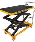 Heavy Duty Hydraulic Lift Table Cart 330 Lbs dual scissor hoist with black tabletop and yellow powder coated frame.