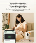 Mother holding baby near 4K UHD Indoor Security Camera For Pets And Baby with Phone App, showing privacy mode on app screen.