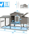 Wooden Chicken Coop With Run And Nesting Box For Backyard Garden, Outdoor Waterproof Hen House With Removable Tray, Secure Chicken Rabbit Hutch, Spacious 9.3 Sq Ft Run And 2.7 Sq Ft Elevated Lounge, Easy Clean Design shown with dimensions and capacity.