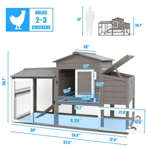 Wooden Chicken Coop With Run And Nesting Box For Backyard Garden, Outdoor Waterproof Hen House With Removable Tray, Secure Chicken Rabbit Hutch, Spacious 9.3 Sq Ft Run And 2.7 Sq Ft Elevated Lounge, Easy Clean Design shown with dimensions and capacity.