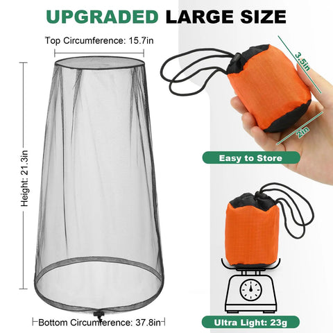 2 Pack Premium Mosquito Head Nets With Drawstring Breathable Ultra Large Bug Net For Head, compact storage and size dimensions
