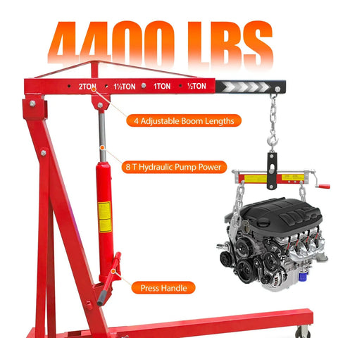 Heavy Duty Folding Hydraulic Engine Hoist With Six Rugged Iron Caster Wheels For Garage Workshop And Adjustable Two Ton Capacity featuring engine and hydraulic pump.